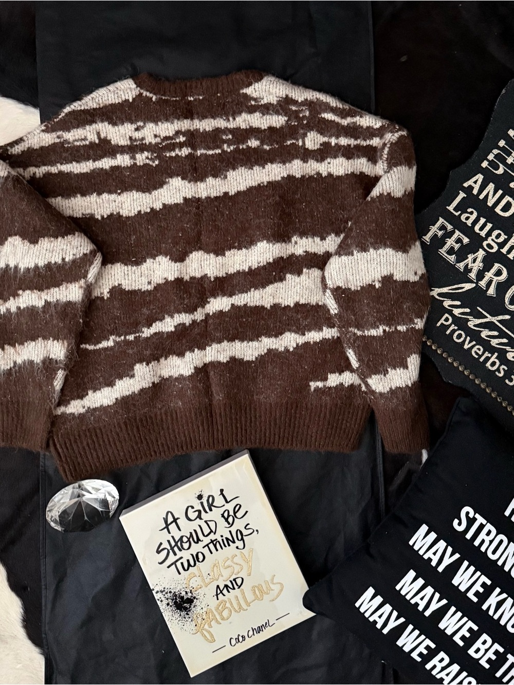 Fashion Nova Brown and Cream Striped Crewneck Sweater - Picture 2 of 2